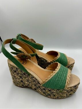 Sam Edelman Amber Green Raffia Platform Wedge Sandals 9M NIB